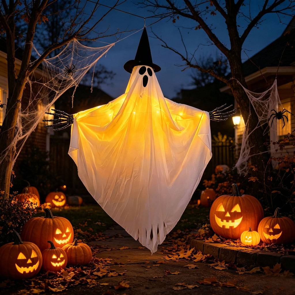 A ghost-shaped Halloween decoration hanging in a front yard at dusk, with a white draped body, black pointed hat, skeletal hands, and warm string lights glowing inside. Jack-o'-lanterns decorate the ground and nearby trees.