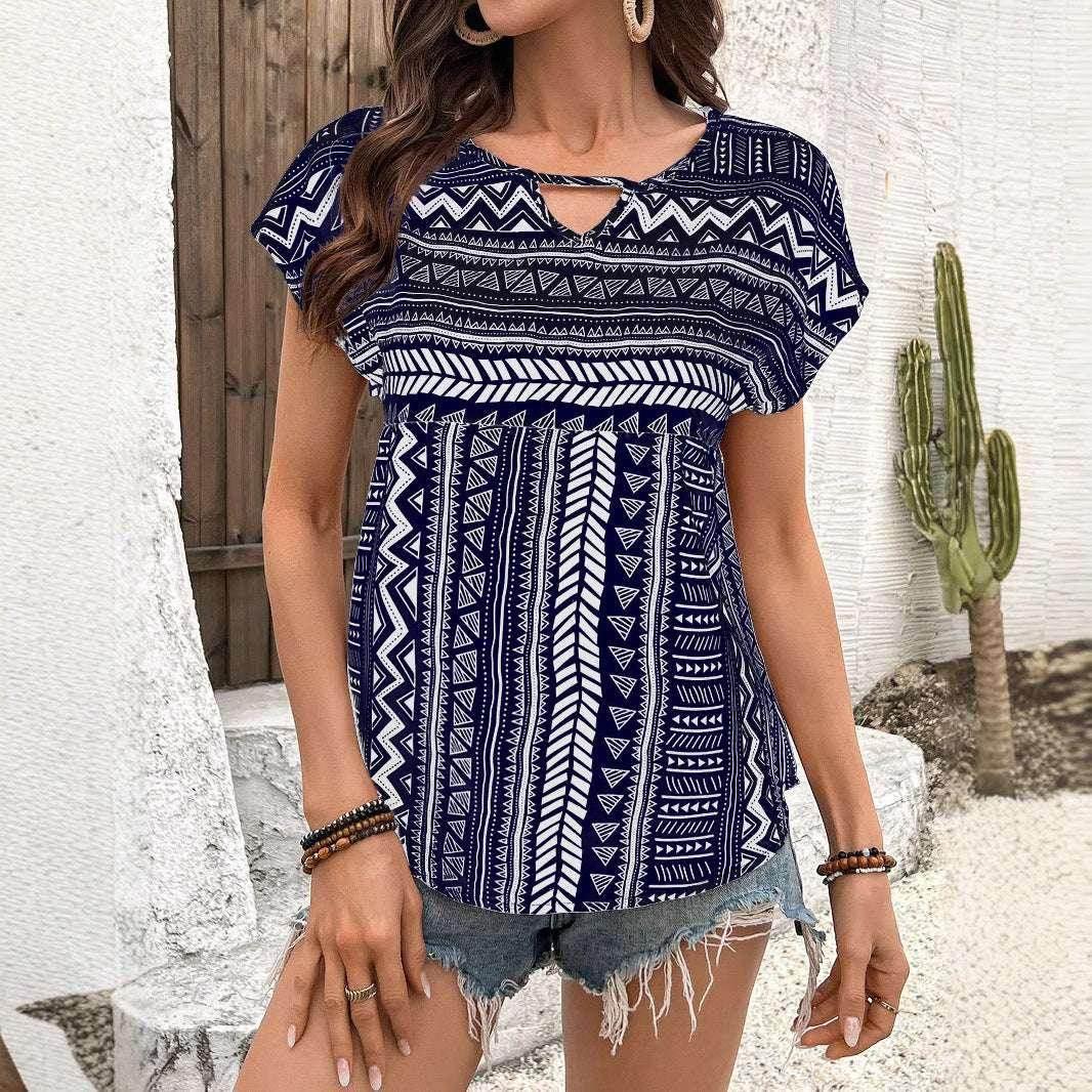 Women's Geometric Print Round Neck Tee Shirt - ZA-Zola