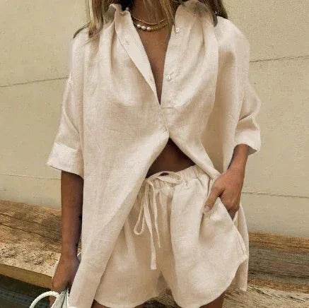 Woman wearing a beige linen shirt and shorts set, trendy relaxed summer fashion, ZA-Zola UK