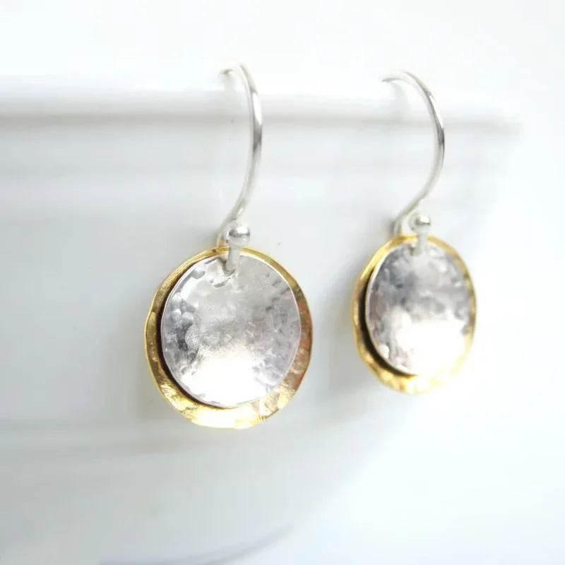 Boho Two-Tone Hammered Circle Pendant Earrings - ZA-Zola