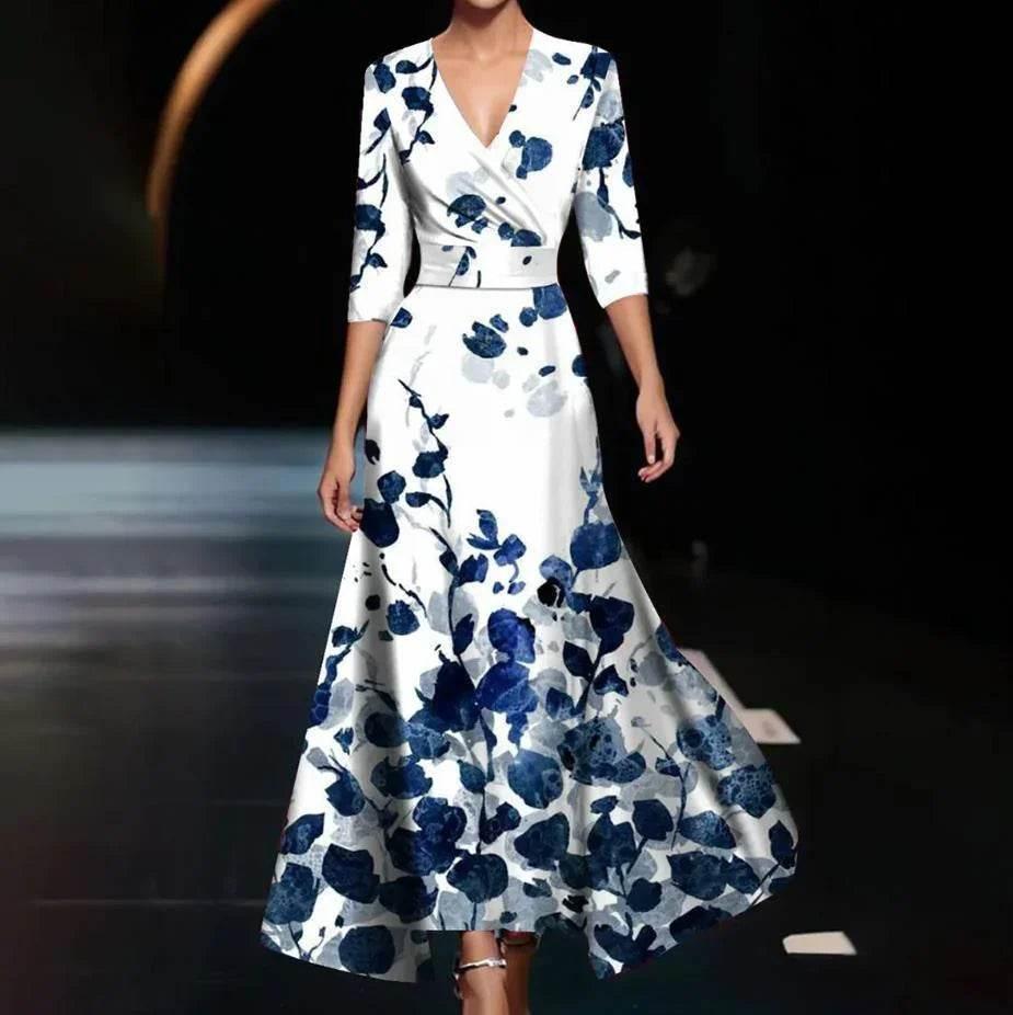 3D Print V-neck A-line Dress with Sleeves – Elegant - ZA-Zola