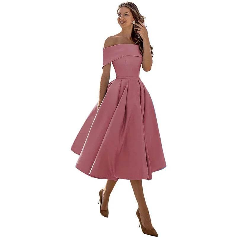 Off-Shoulder Satin Tea-Length Party Dress - ZA-Zola