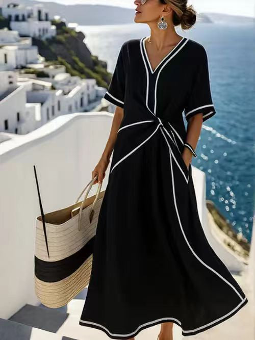 Women’s Summer Striped Print Short Sleeve Casual Beach Maxi Dress