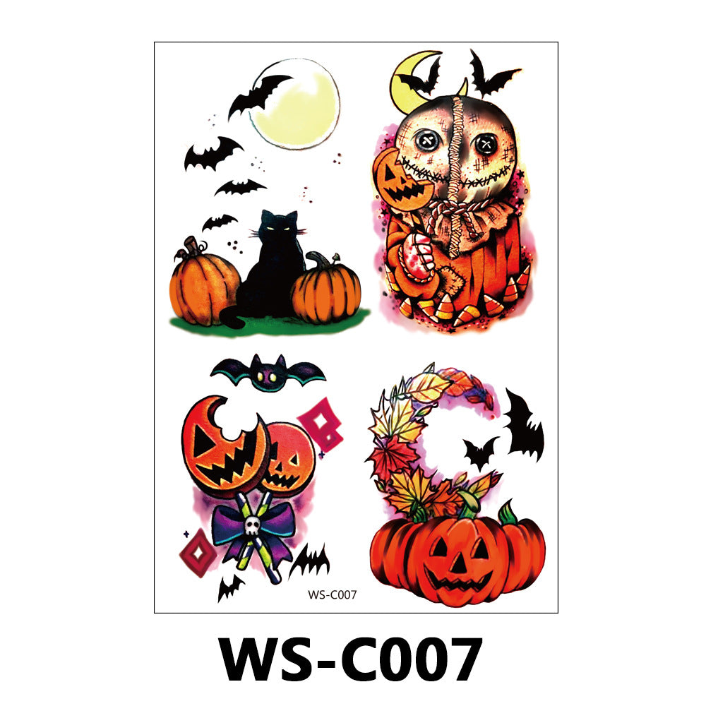 A sheet of temporary tattoos featuring Halloween designs, including a black cat in a pumpkin, a jack-o'-lantern owl under a crescent moon, carved pumpkins with bows, a pumpkin wreath with autumn leaves, and black bats around a full moon. The sheet is labeled WS-C007 at the bottom.