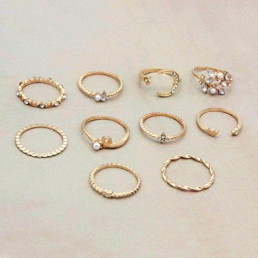Bohemian Moon & Star Ring Set – 10-Piece Gold Look - ZA-Zola