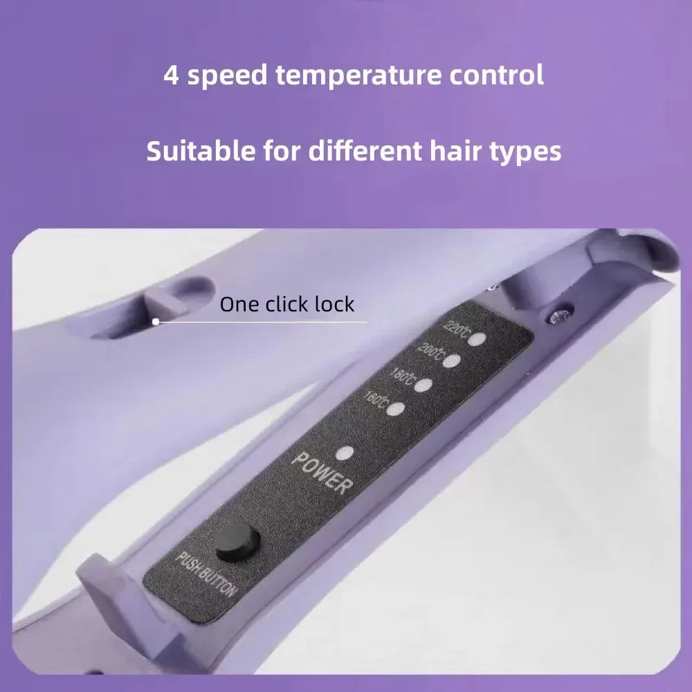 Purple hair straightener with 4 temperature settings, one-click lock, and power button.
