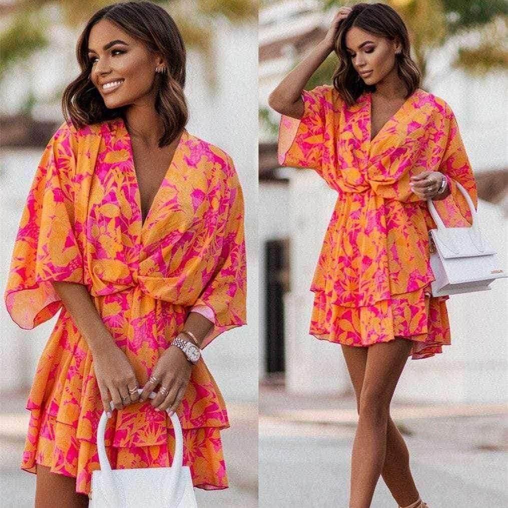 Floral V-Neck Loose Cake Dress – Summer Charm - ZA-Zola