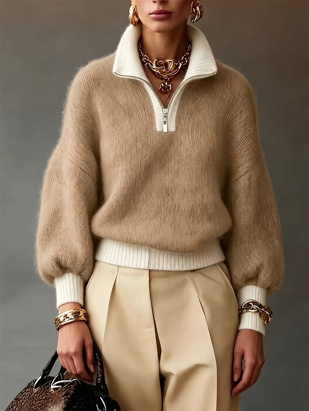 A model wears a beige fuzzy quarter-zip sweater with a cream ribbed collar, hem, and cuffs, paired with pleated beige trousers and accessorized with chunky gold jewelry.