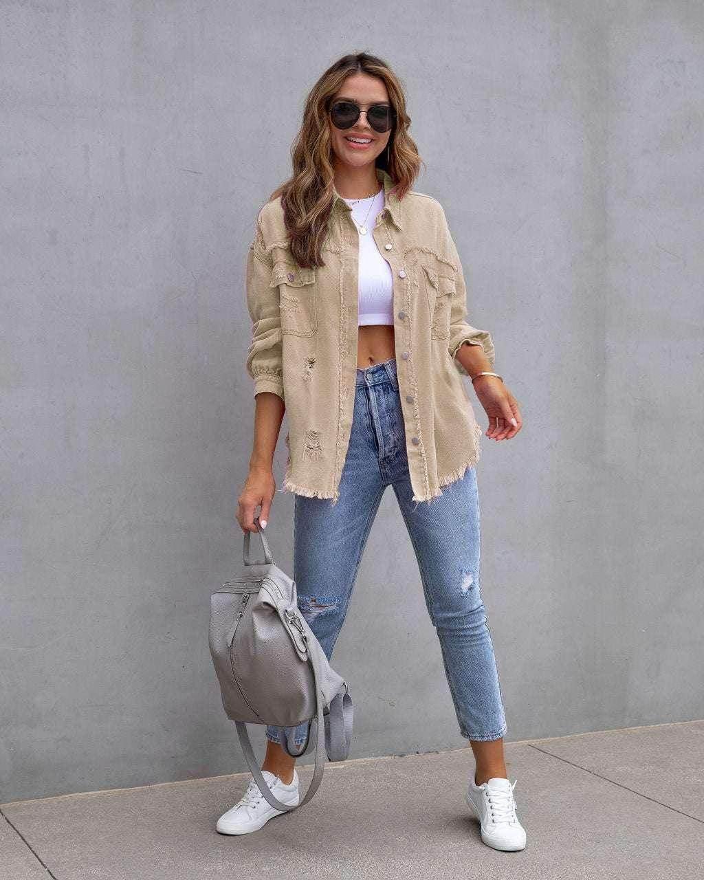 Women’s Ripped Shirt Jacket – Casual Mid-Length - ZA-Zola
