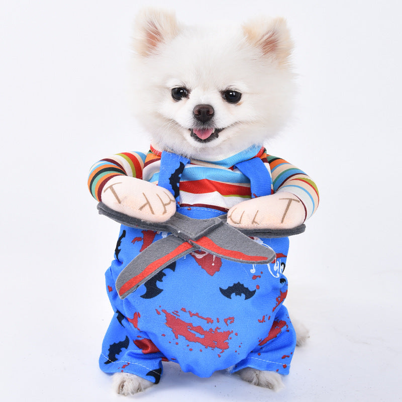 Small dog wearing a colorful outfit with a blue robe and striped shirt on a white background