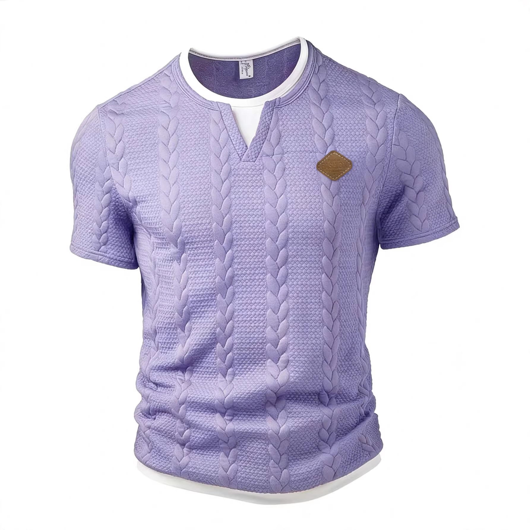 Light purple textured short-sleeve shirt with a brown patch on a white background