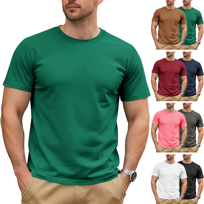 Man wearing a green t-shirt with inset images of other men wearing different colored t-shirts.