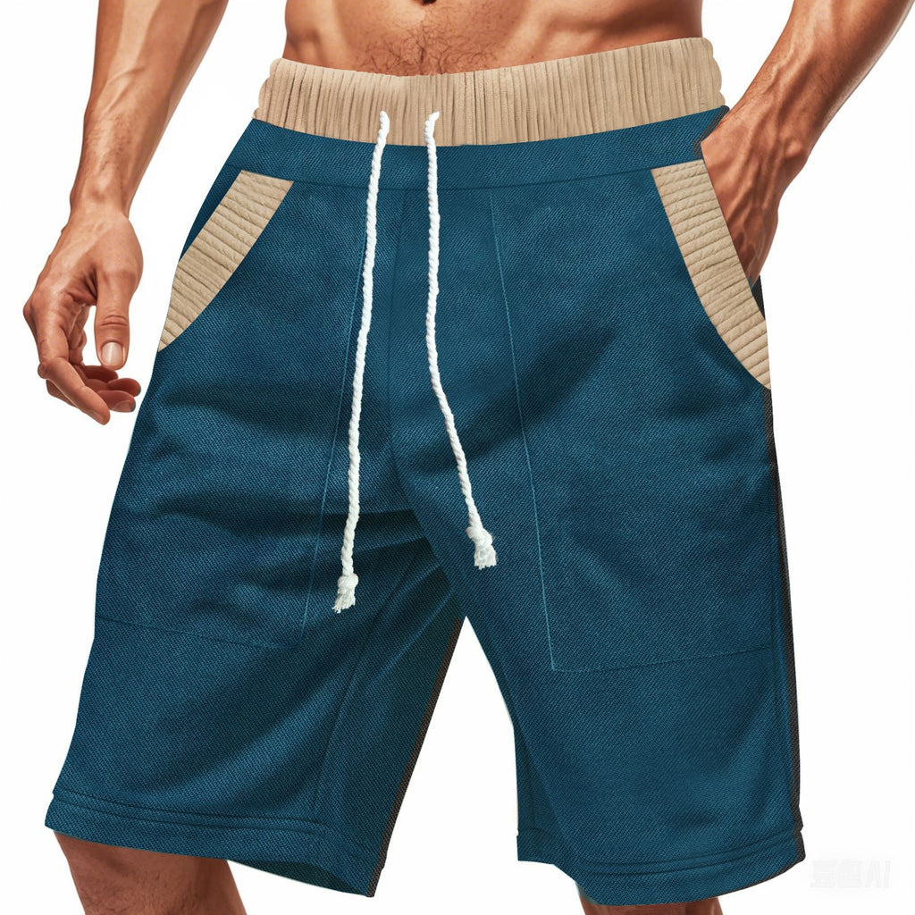 Blue shorts with beige accents on a white background