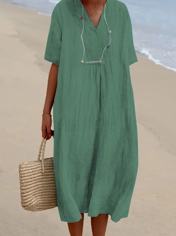Women Cotton Linen V Neck Solid Color Long Dress Casual Summer Fashion Dress