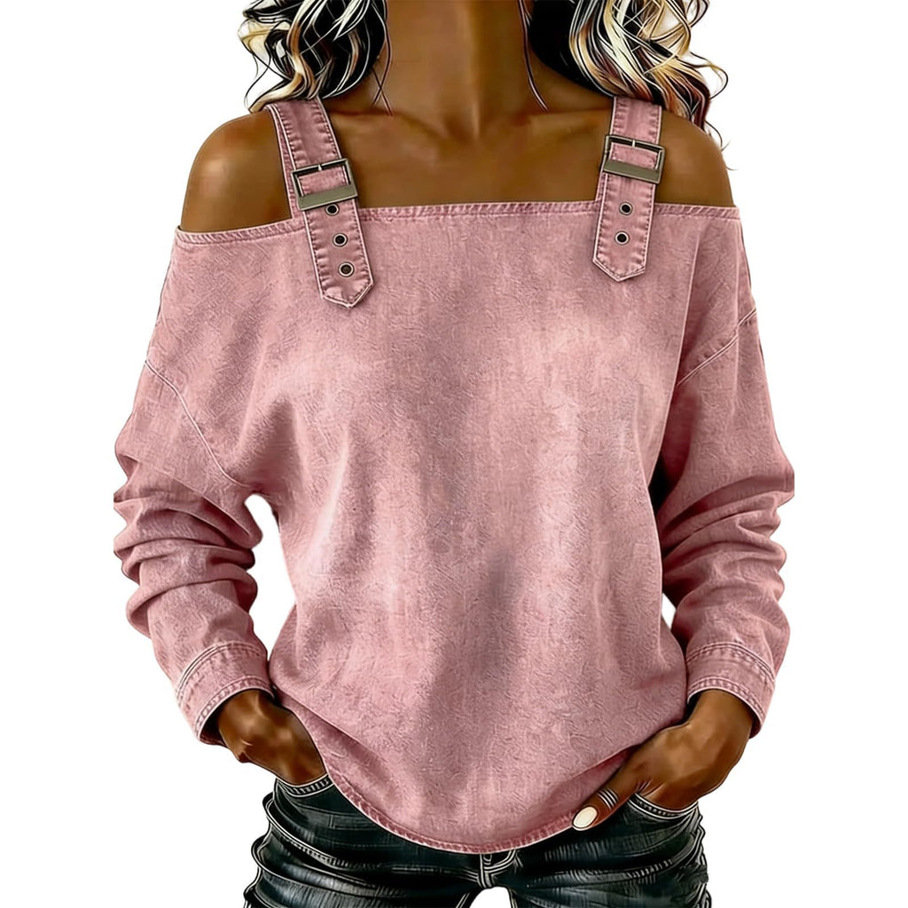 Pink off-shoulder top worn by a person on a white background