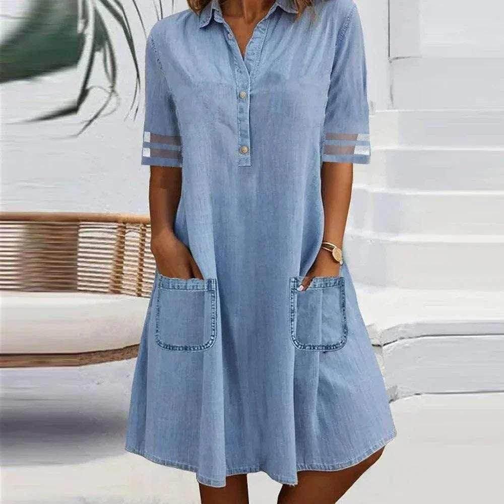 Denim Mesh Patchwork Dress – Chic & Casual Style - ZA-Zola