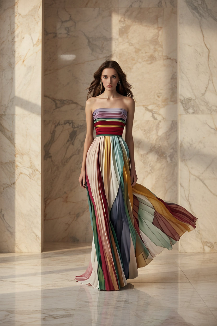 Multicolored strapless dress on a white background