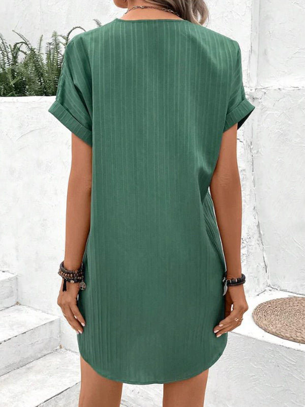 Women's V-Neck Button Strip Short Sleeve Casual Dress