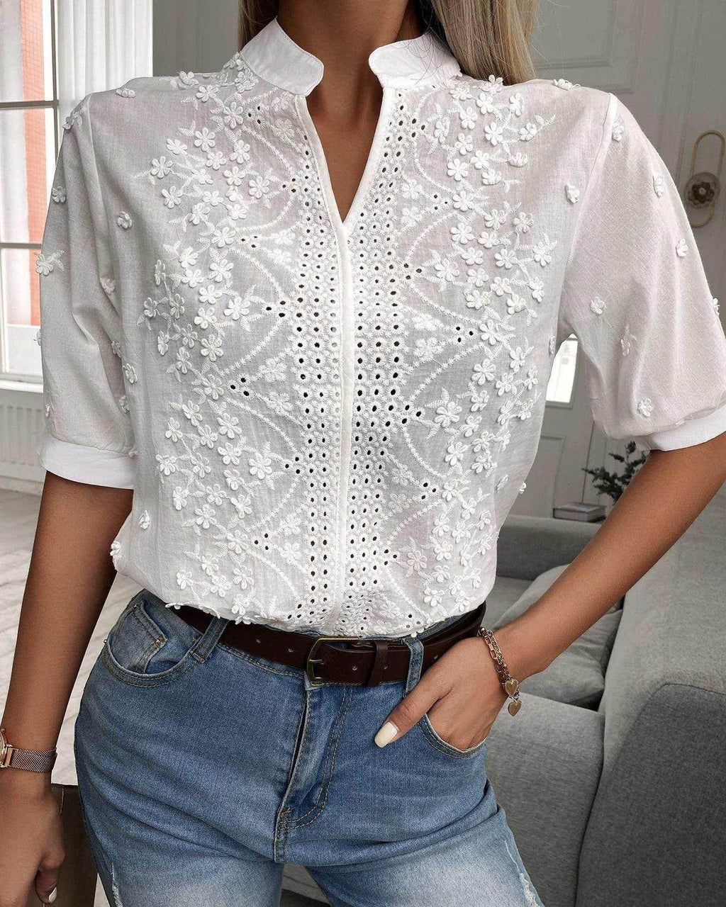 Lace V-Neck Stand Collar Embroidered Blouse - ZA-Zola