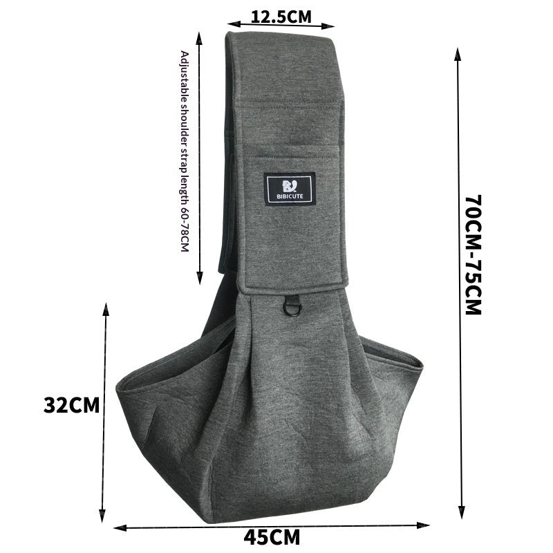 Gray bag with dimensions labeled on a white background