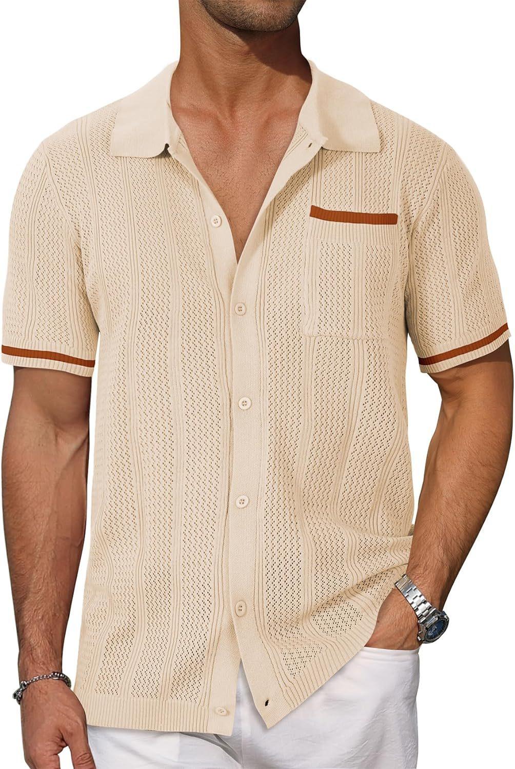 Beige knitted shirt with brown accents worn by a person on a white background