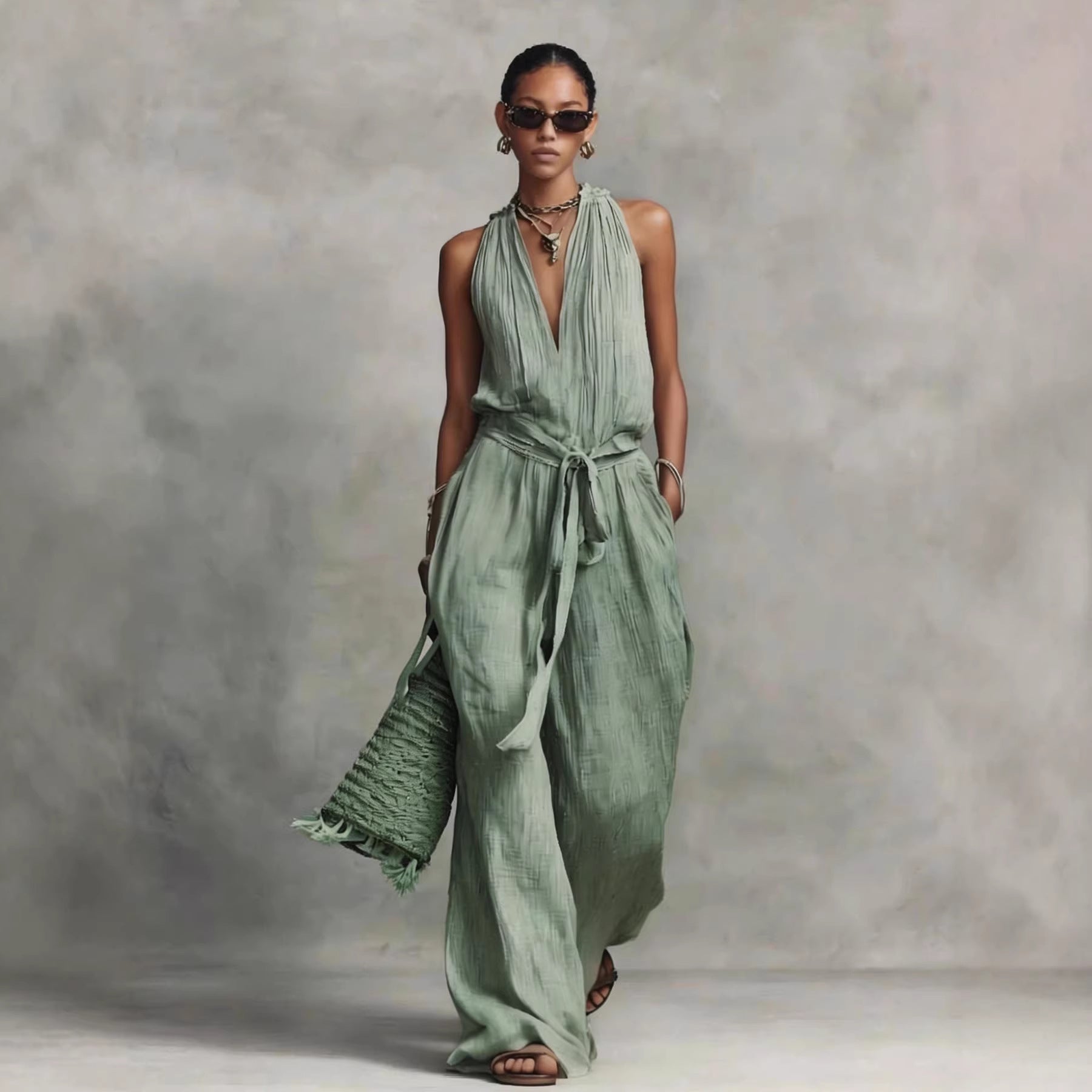 Woman wearing a green dress against a gray background