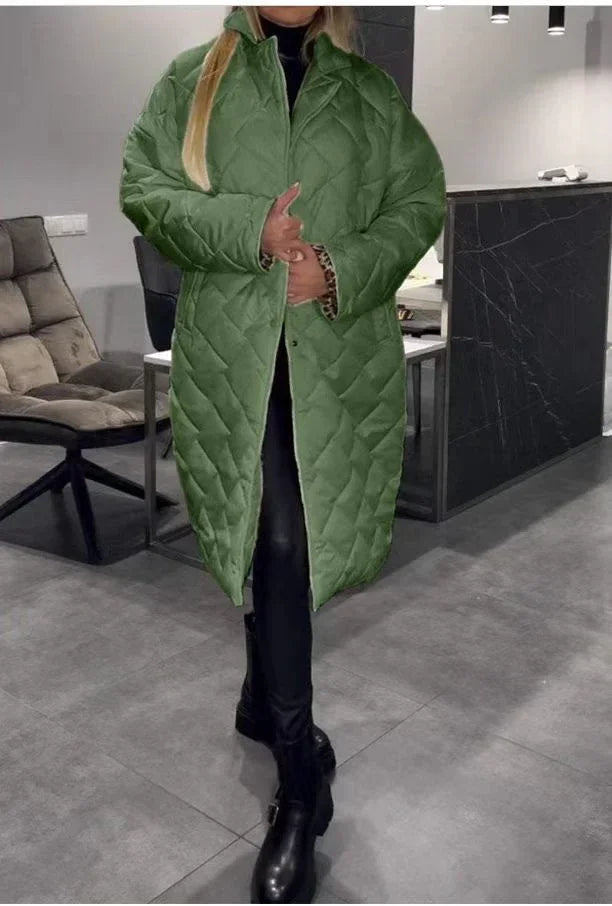 Women Rhombus Stitching Coat – Warm Long Jacket with Lapel & Pockets - ZA-Zola