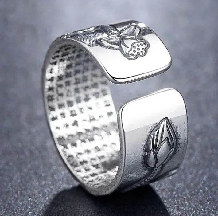 Thai Silver Black Lotus Heart Sutra Ring - ZA-Zola