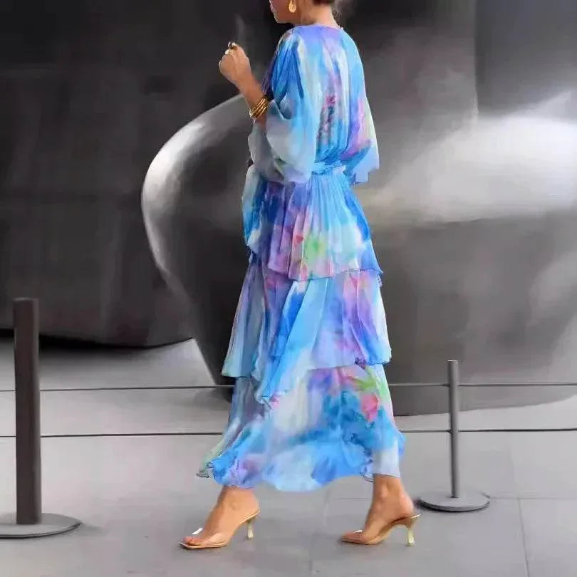 Layered Chiffon Printed Long Dress – Blue - ZA-Zola