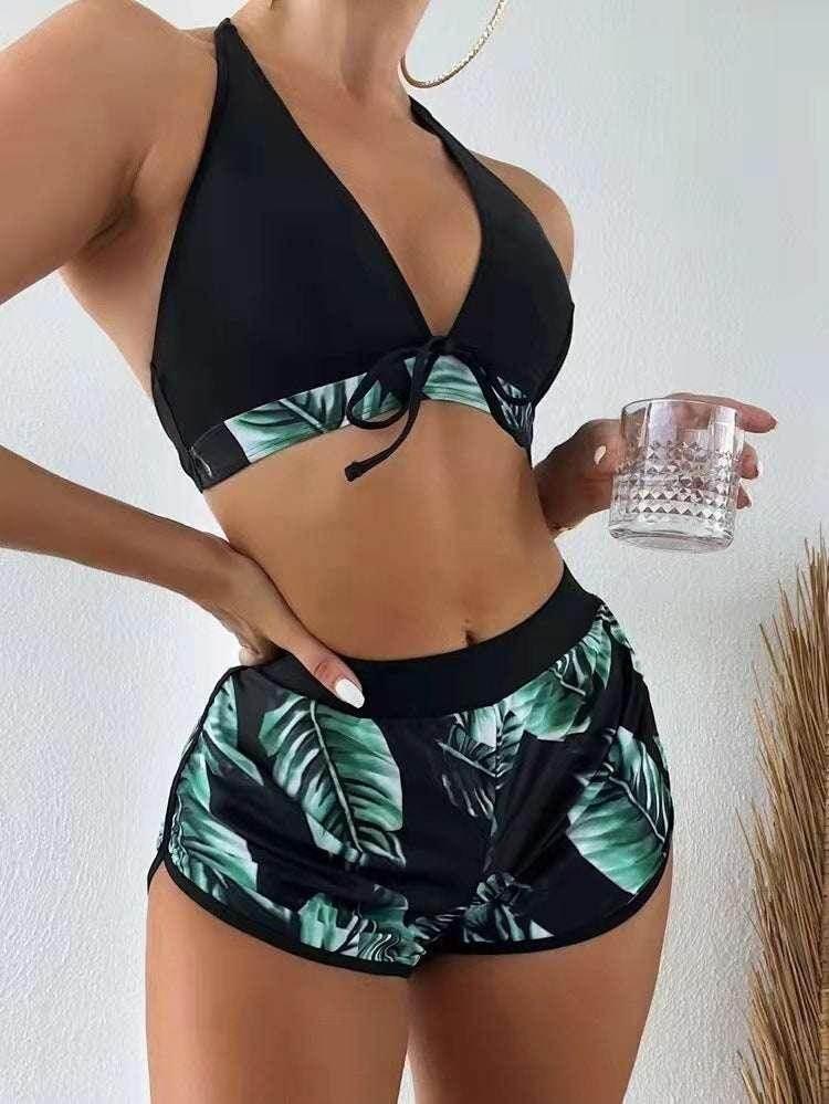 3pcs Leaf Print Bikini with Shorts - Stylish Summer Swimwear - ZA-Zola