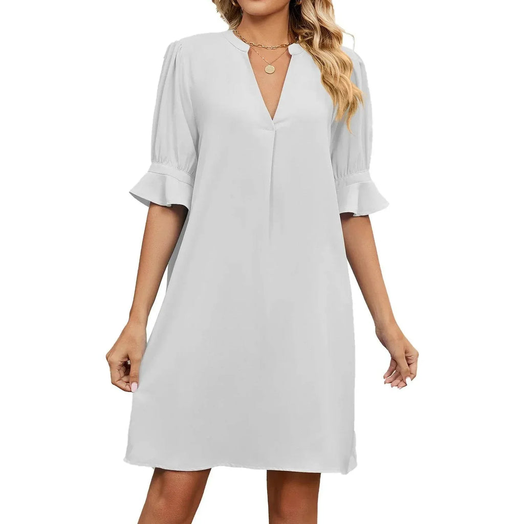 V-Neck Pleated Ice Silk Summer Dress for Women - ZA-Zola