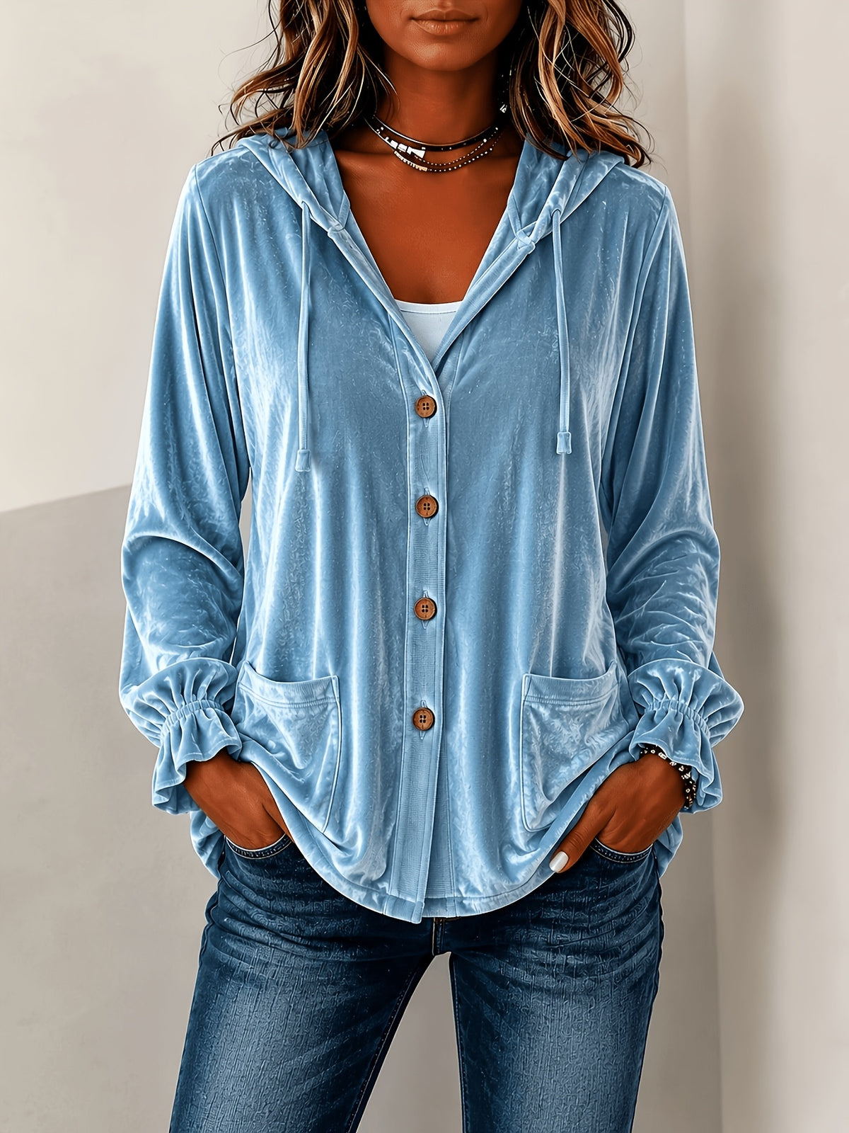 Hooded European Button-Up Coat | Solid Blue Leisure