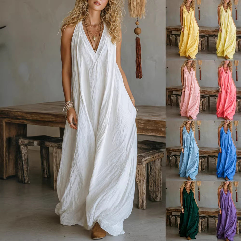 Woman wearing a white dress in a rustic indoor setting with color swatches of yellow, pink, blue, and green.
