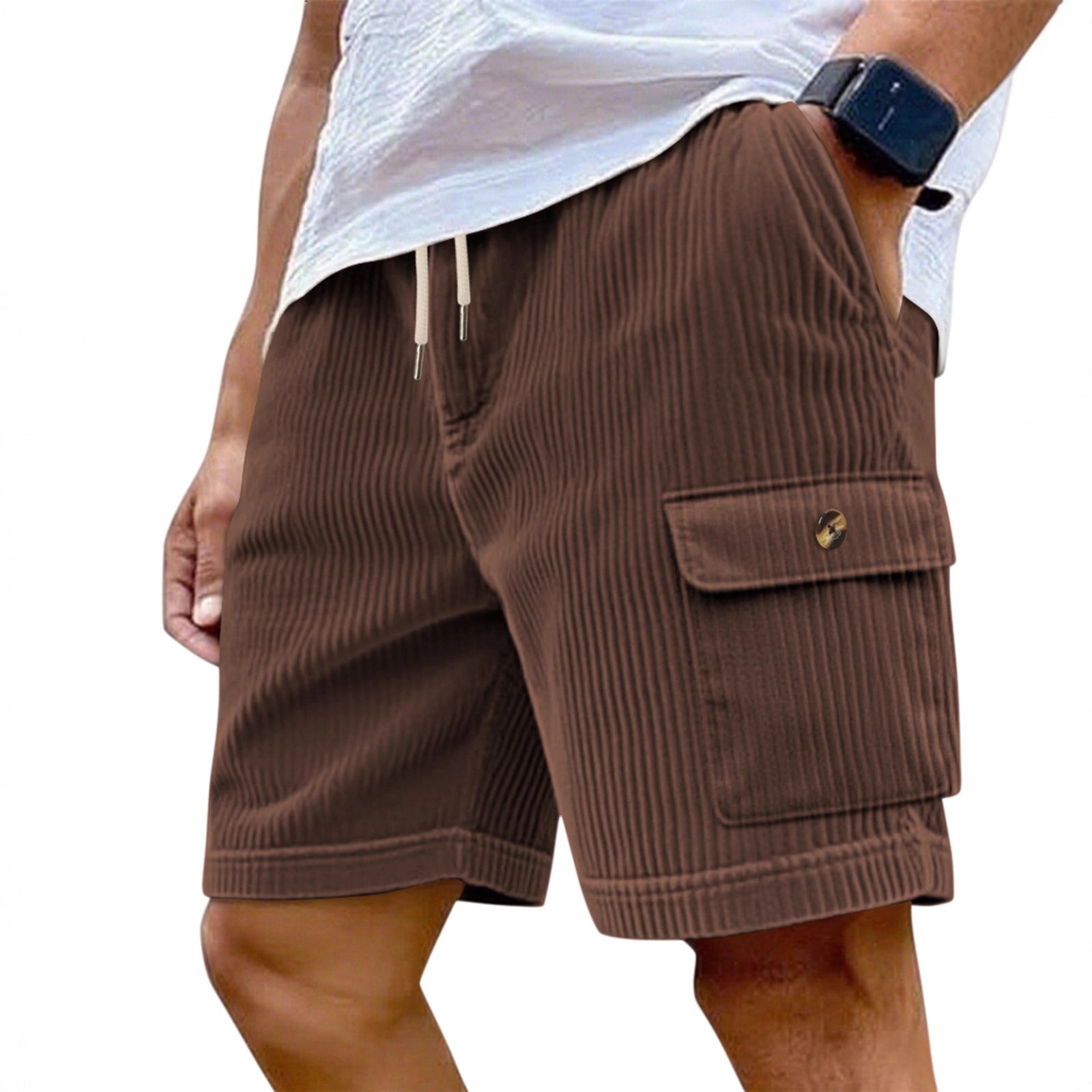 Brown corduroy cargo shorts worn by a person on a white background