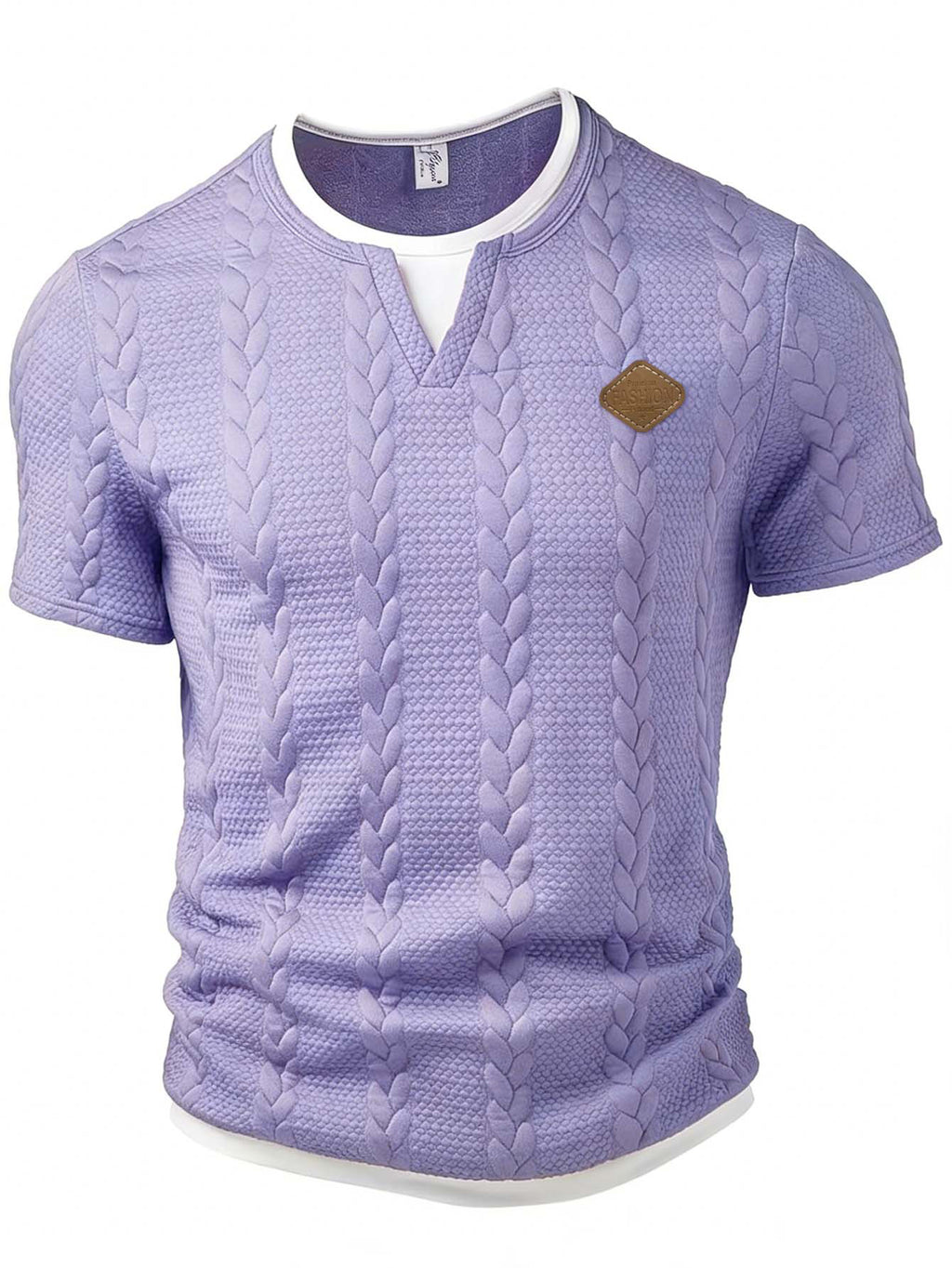 Purple textured short-sleeve shirt with a brand logo on a white background