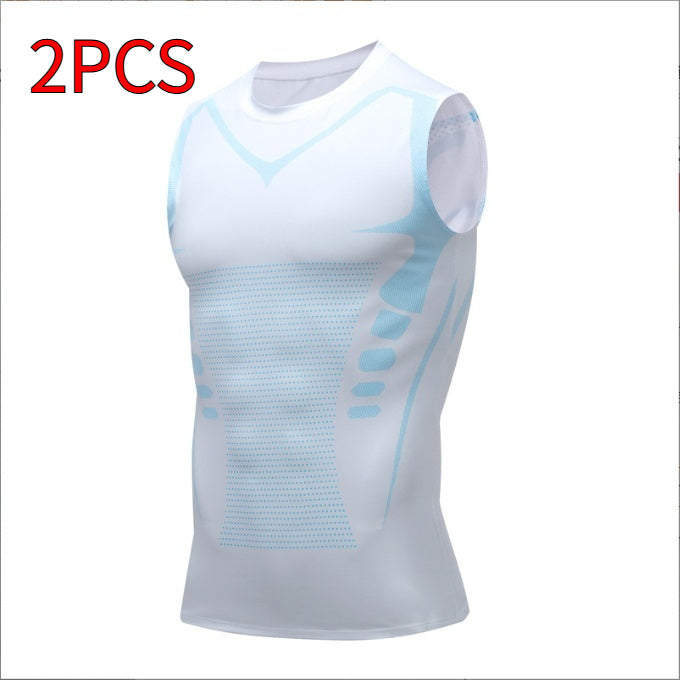 White sleeveless athletic shirt with blue accents on a white background, labeled '2PCS'.