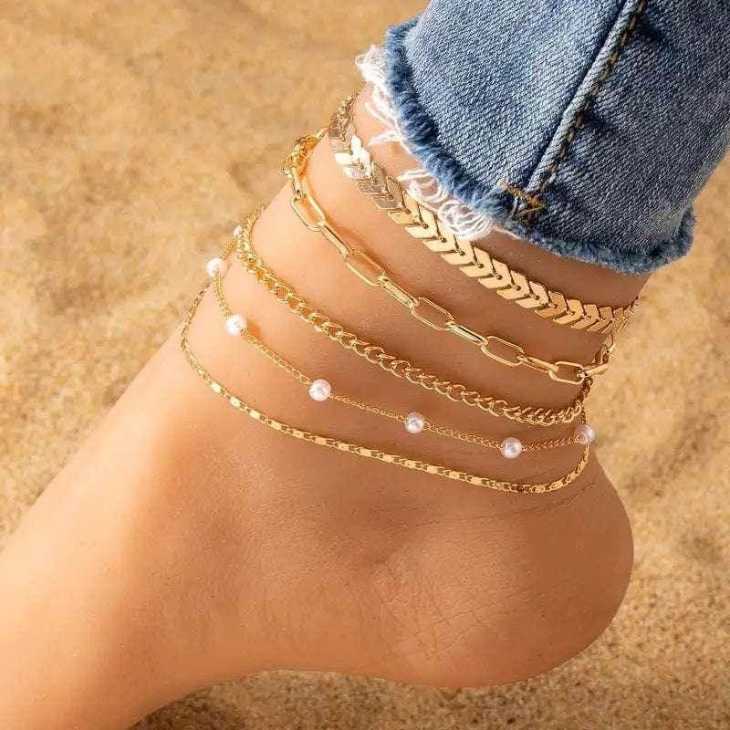 Summer 5-Piece Pearl Anklet Set for Women - ZA-Zola