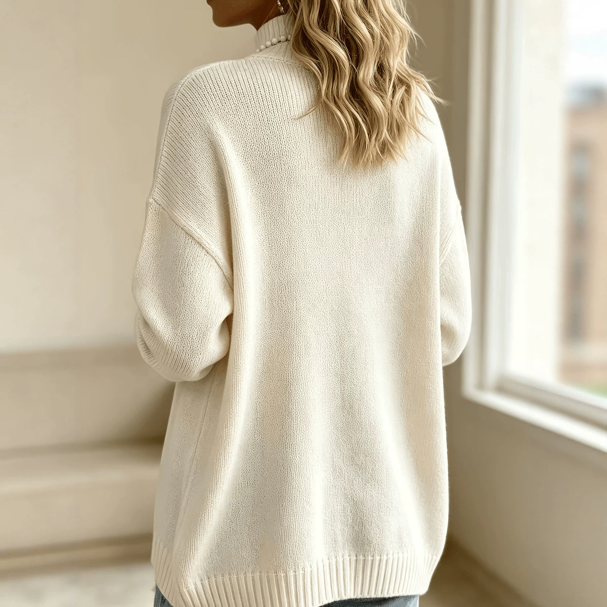 A woman viewed from behind wearing an oversized cream-colored knit sweater in a bright indoor setting near a window.