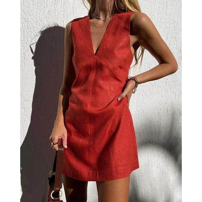 Women's V-Neck Cotton Linen Sleeveless Dress | ZA-Zola - ZA-Zola