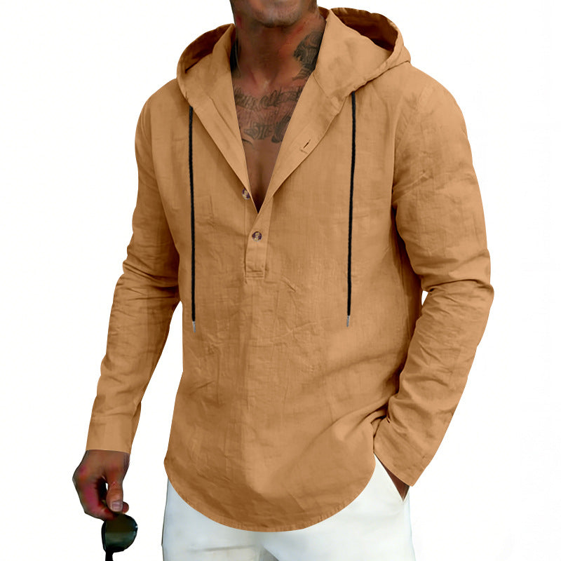 Man wearing a tan hooded shirt with a white background