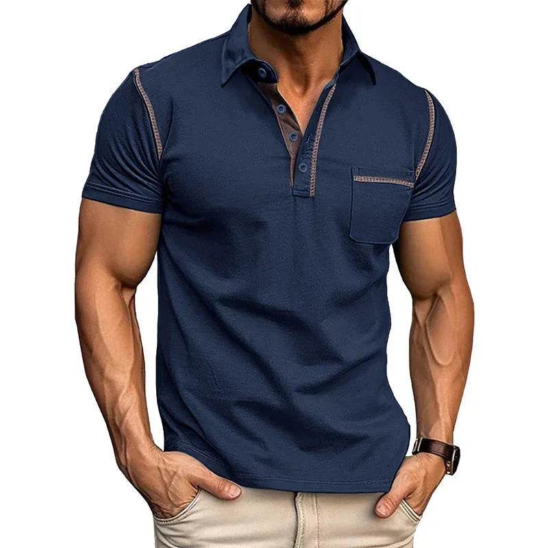 ZA-Zola men's navy blue polo shirt with chest pocket and contrast stitching, stylish fashion.