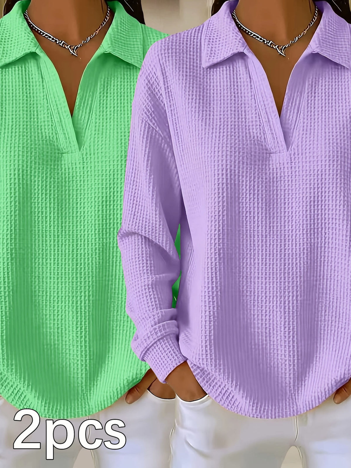 Two women wearing textured waffle-knit long-sleeve polo shirts, one in bright green and one in light purple, with white pants and silver necklaces. A white text overlay in the bottom-left corner reads '2pcs'.
