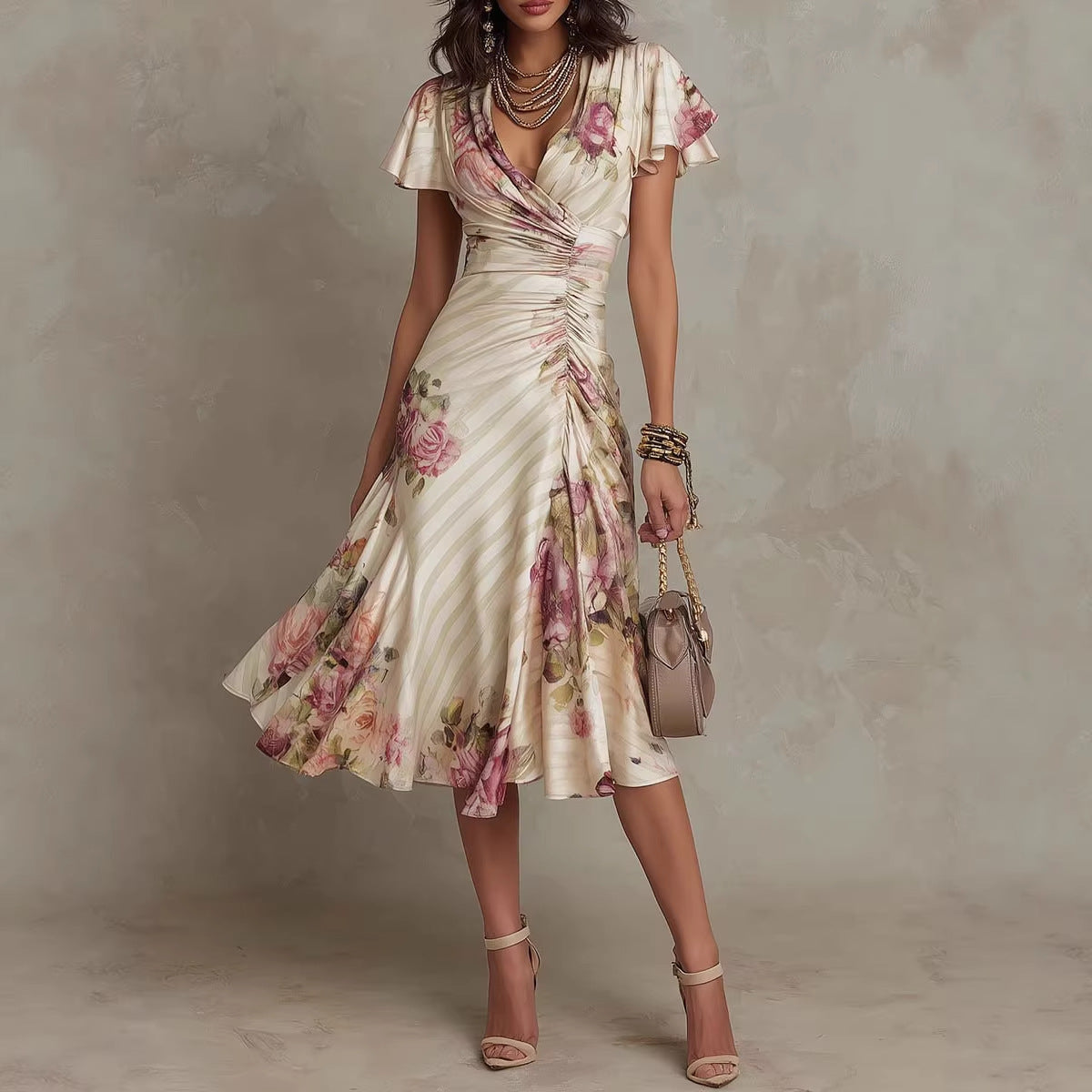 Women's Printed V-Neck Defined Waist Ruffled Hem Maxi Dress