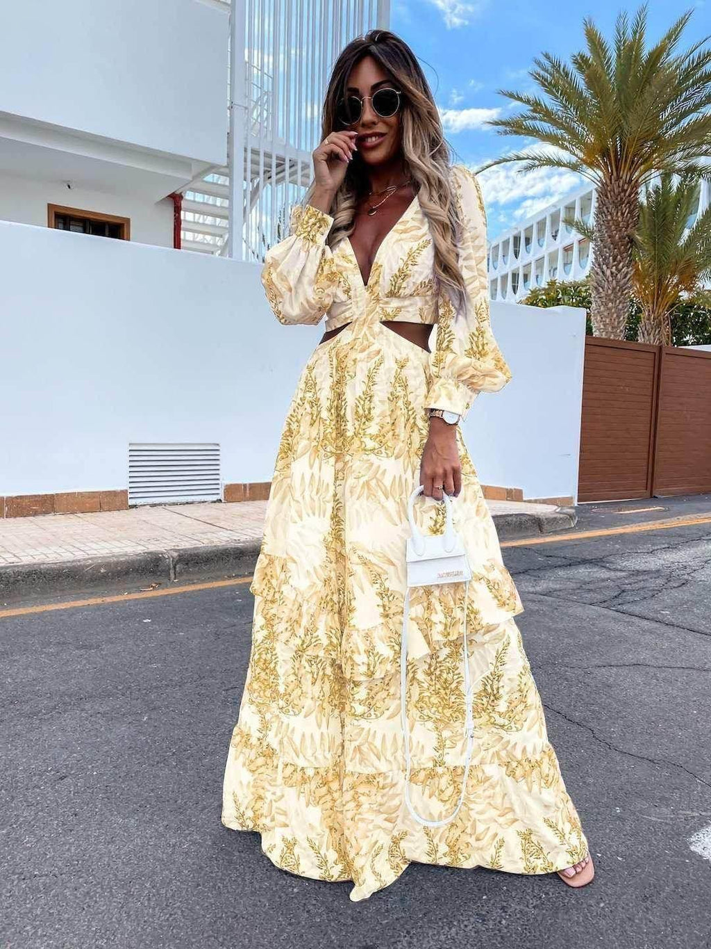 Elegant V-Neck Long Sleeve Chiffon Dress - ZA-Zola