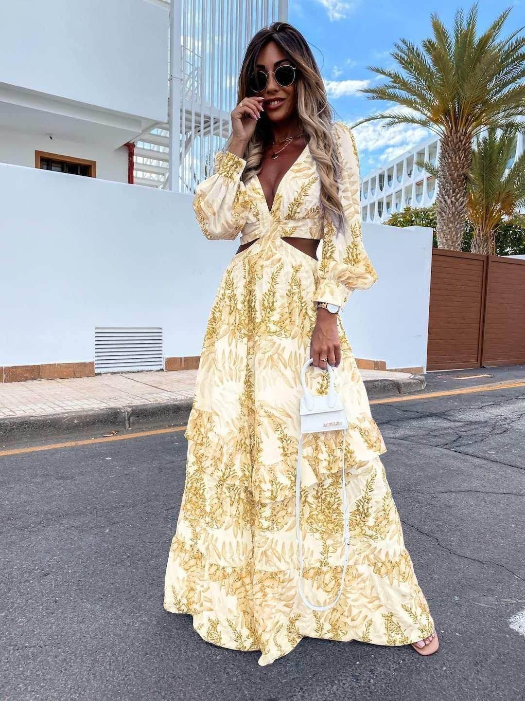 Elegant V-Neck Long Sleeve Chiffon Dress - ZA-Zola