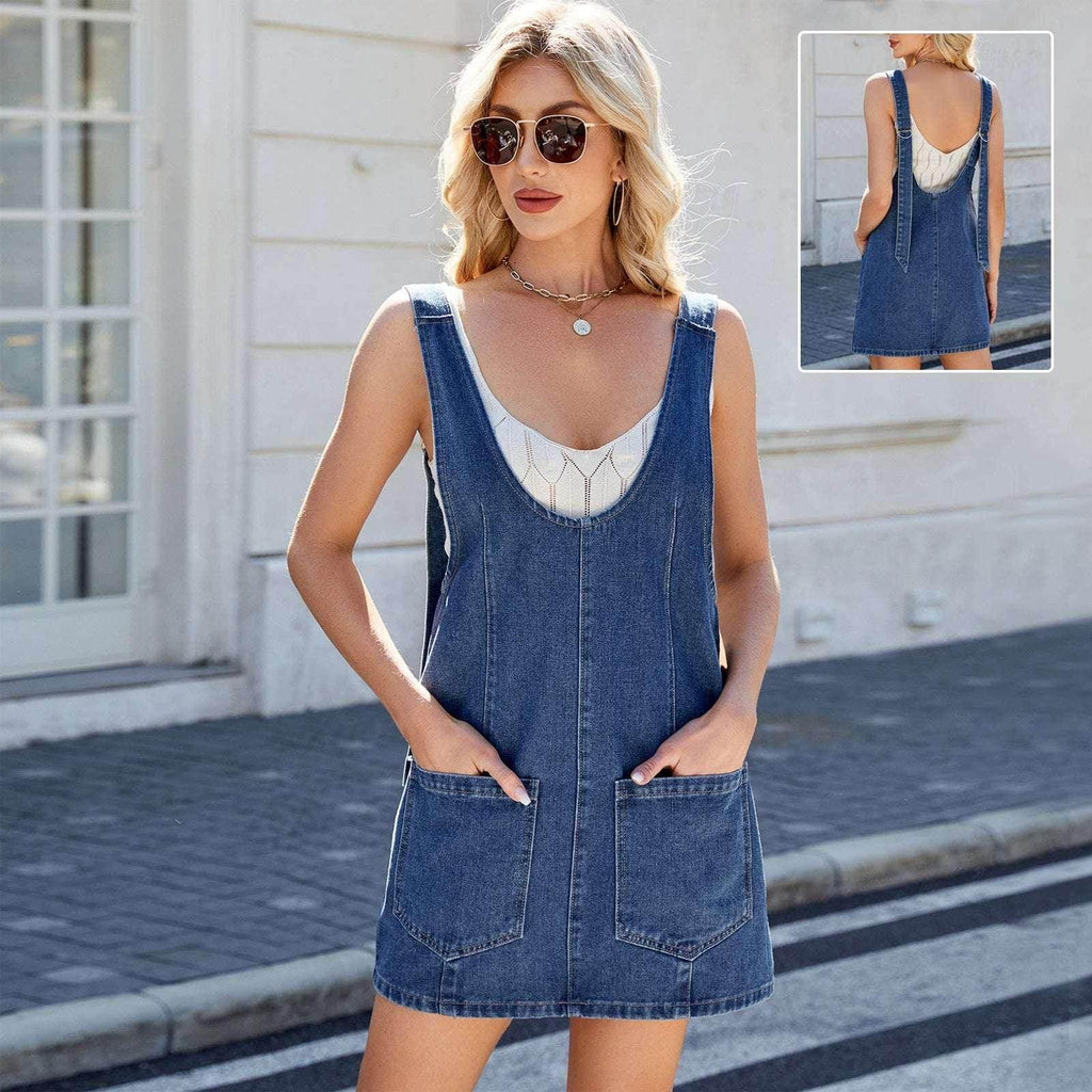 Women's Denim Overalls Dress with Pockets - Mid-length Sleeveless - ZA-Zola