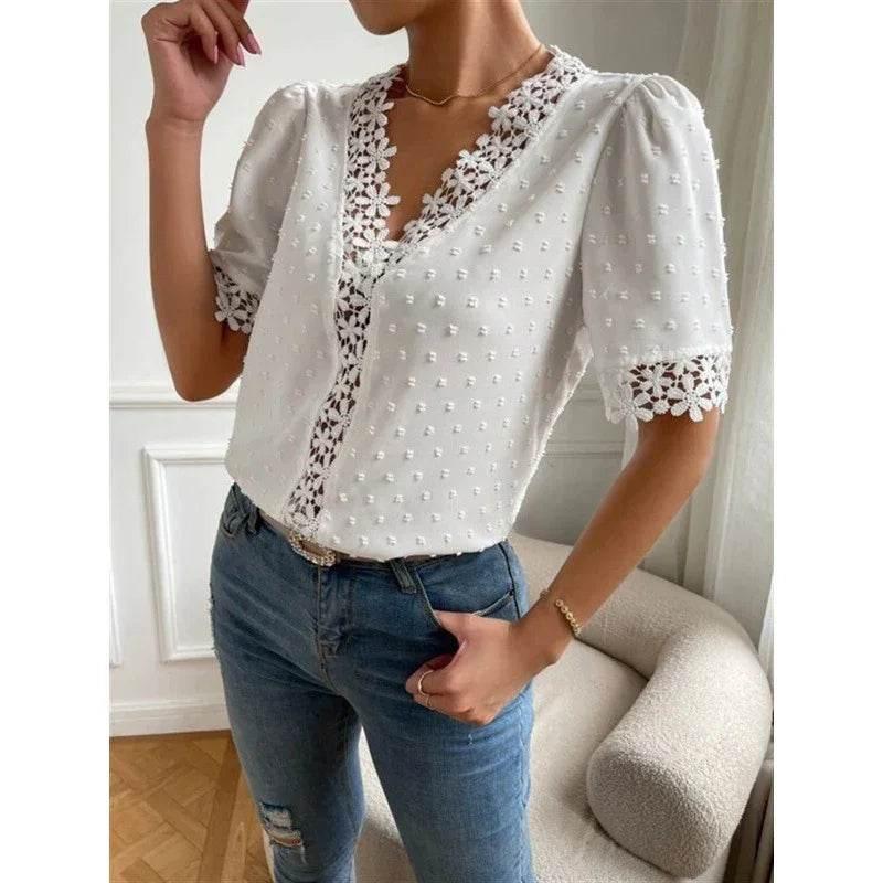 Floral Lace V-Neck Puff Sleeve Summer Top Women - ZA-Zola