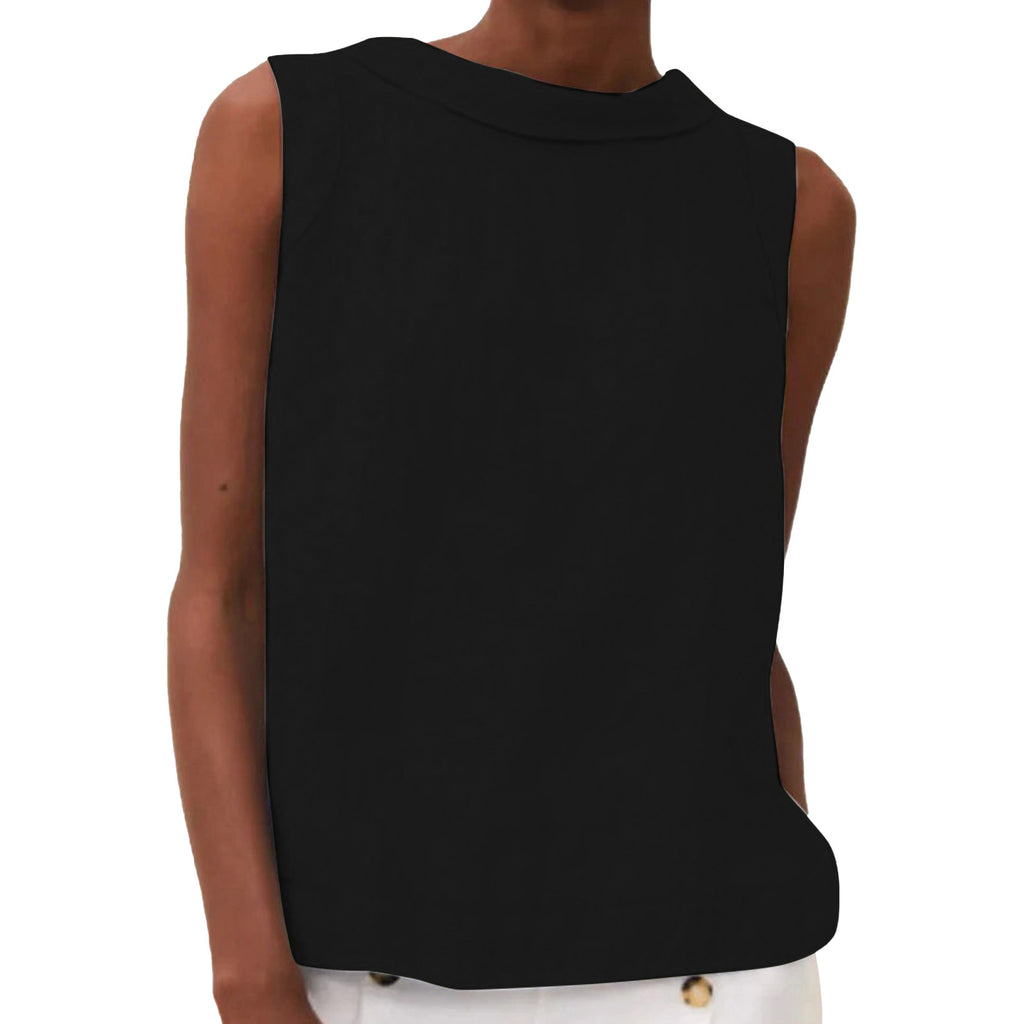 Black sleeveless top worn by a person on a white background