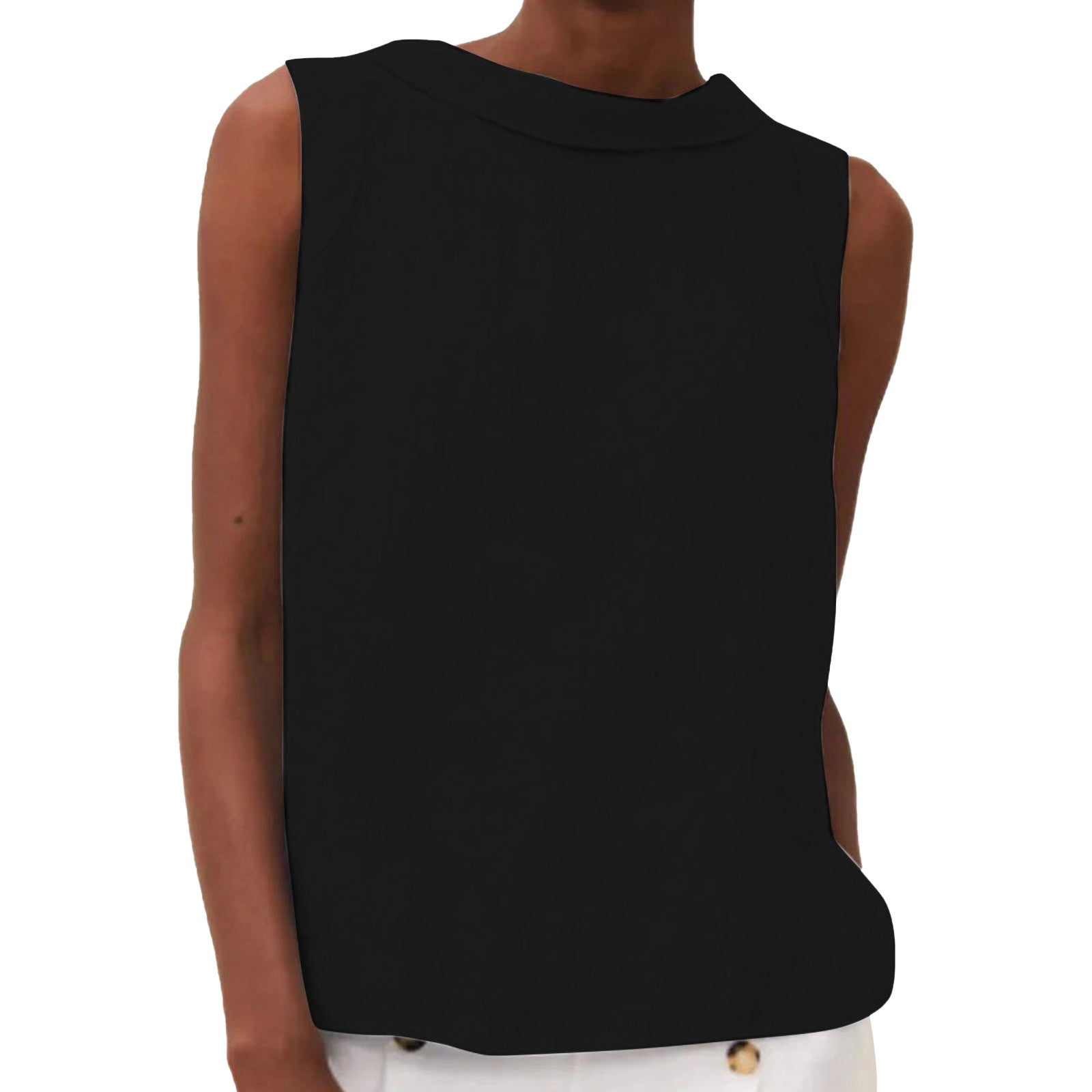 Black sleeveless top worn by a person on a white background