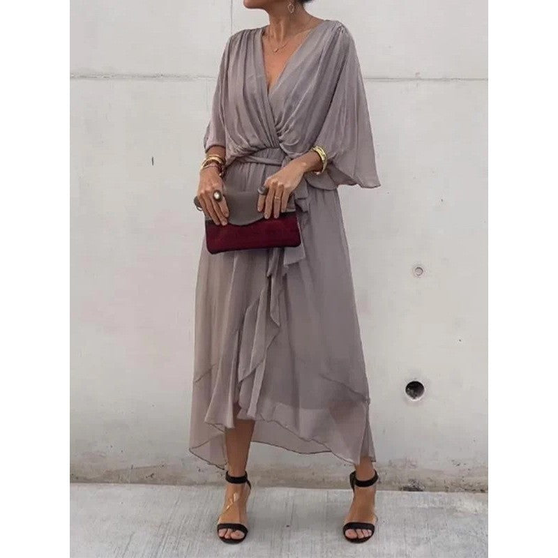 Batwing Sleeve V Neck Irregular Summer Dress Women Pure Color Tied Long Flowing Elegant Casual Womens Clothing